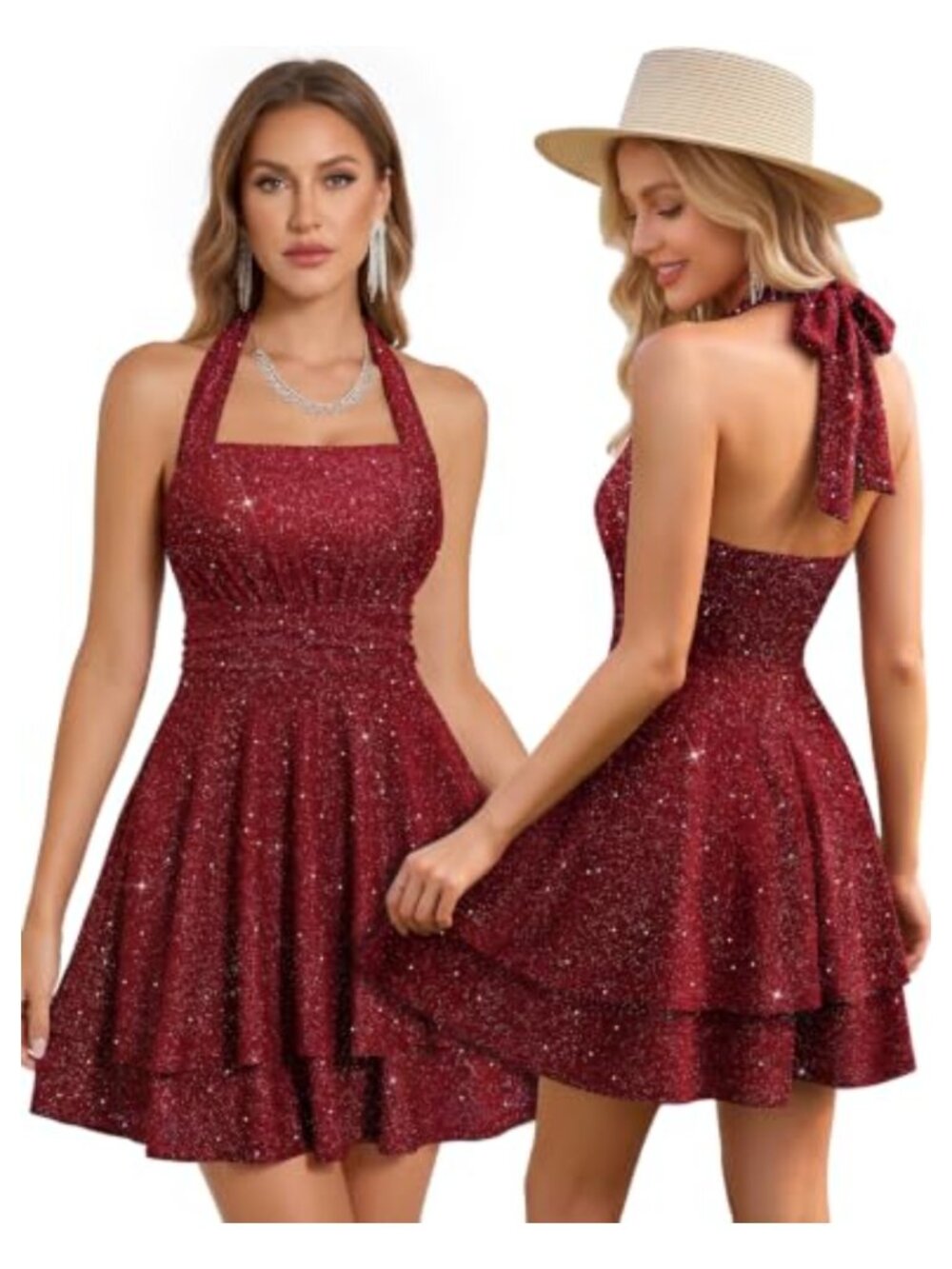Glitter Halter Square Neck Mini Dress Sleeveless Ruffle Hem Party
